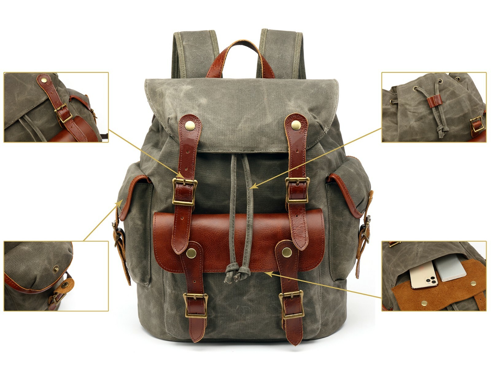 Men Waxed Canvas Leather Backpack Travel Rucksack Camping Hiking School Book Bag
