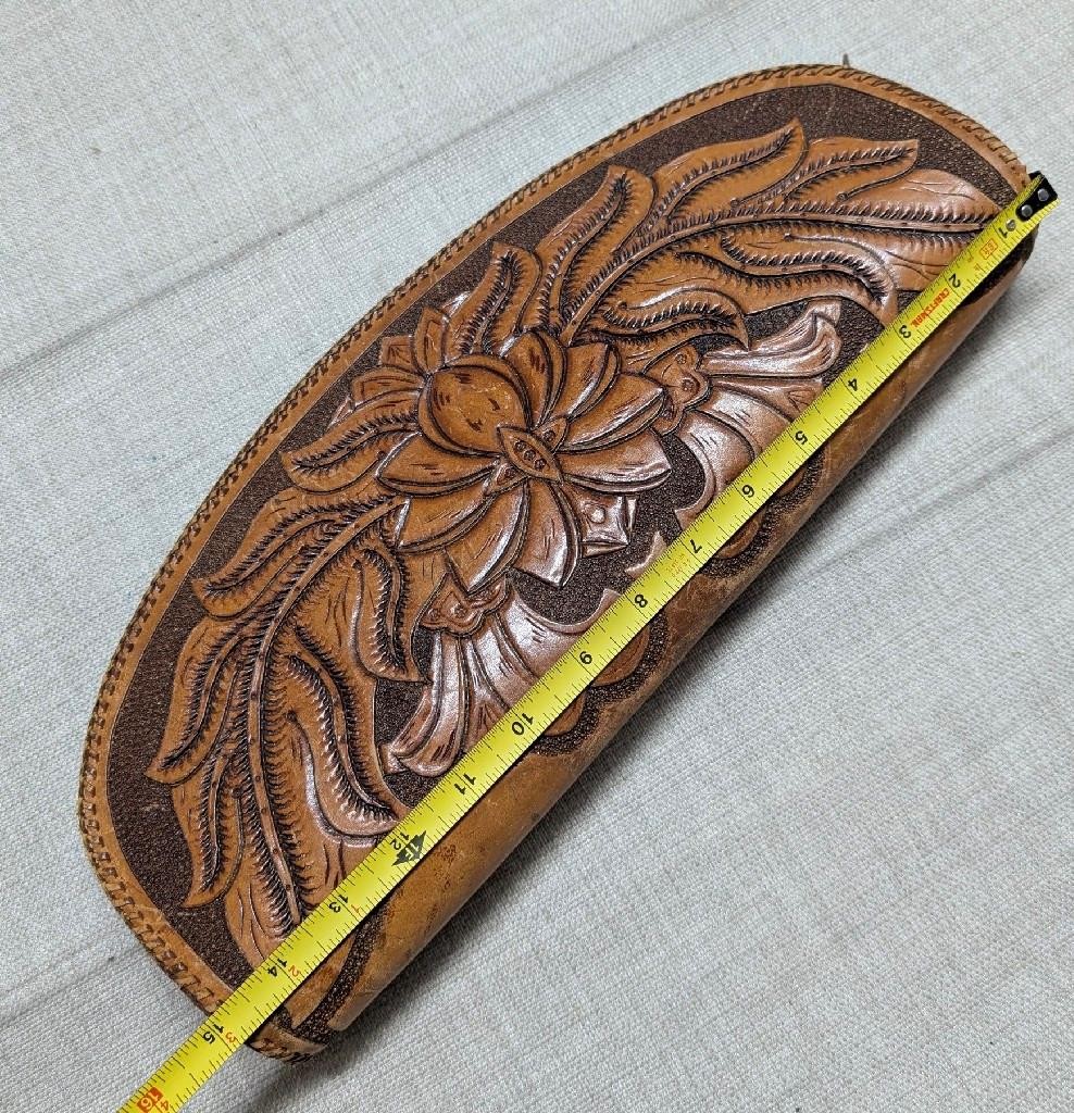 vintage TOOLED saddle bag WESTERN handcrafted leather tote 15″ toiletry clutch