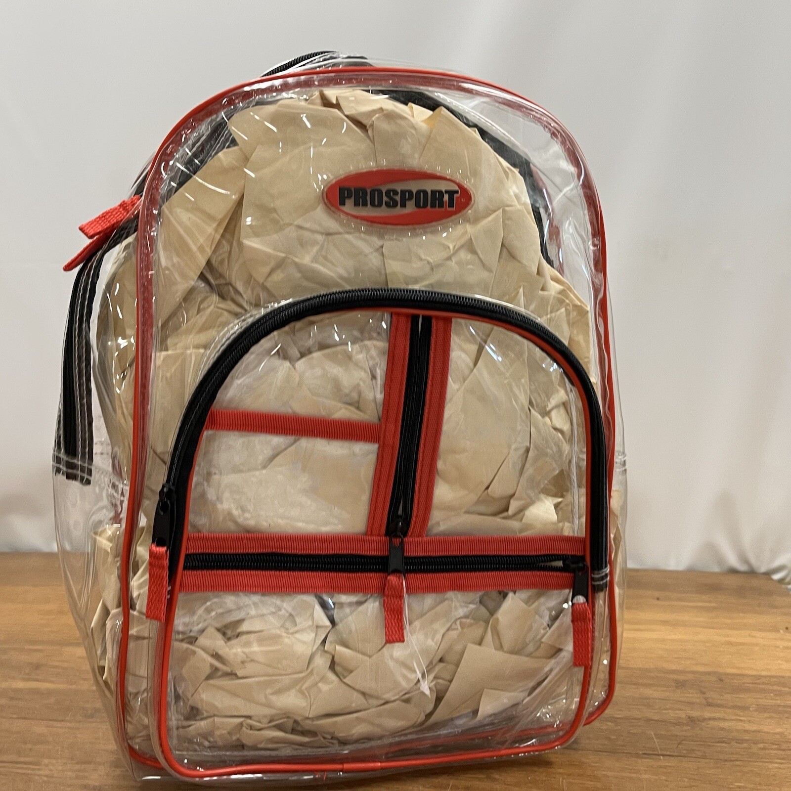 New Prosport Clear Backpack Transparent Waterproof Red Black Strip Zipper