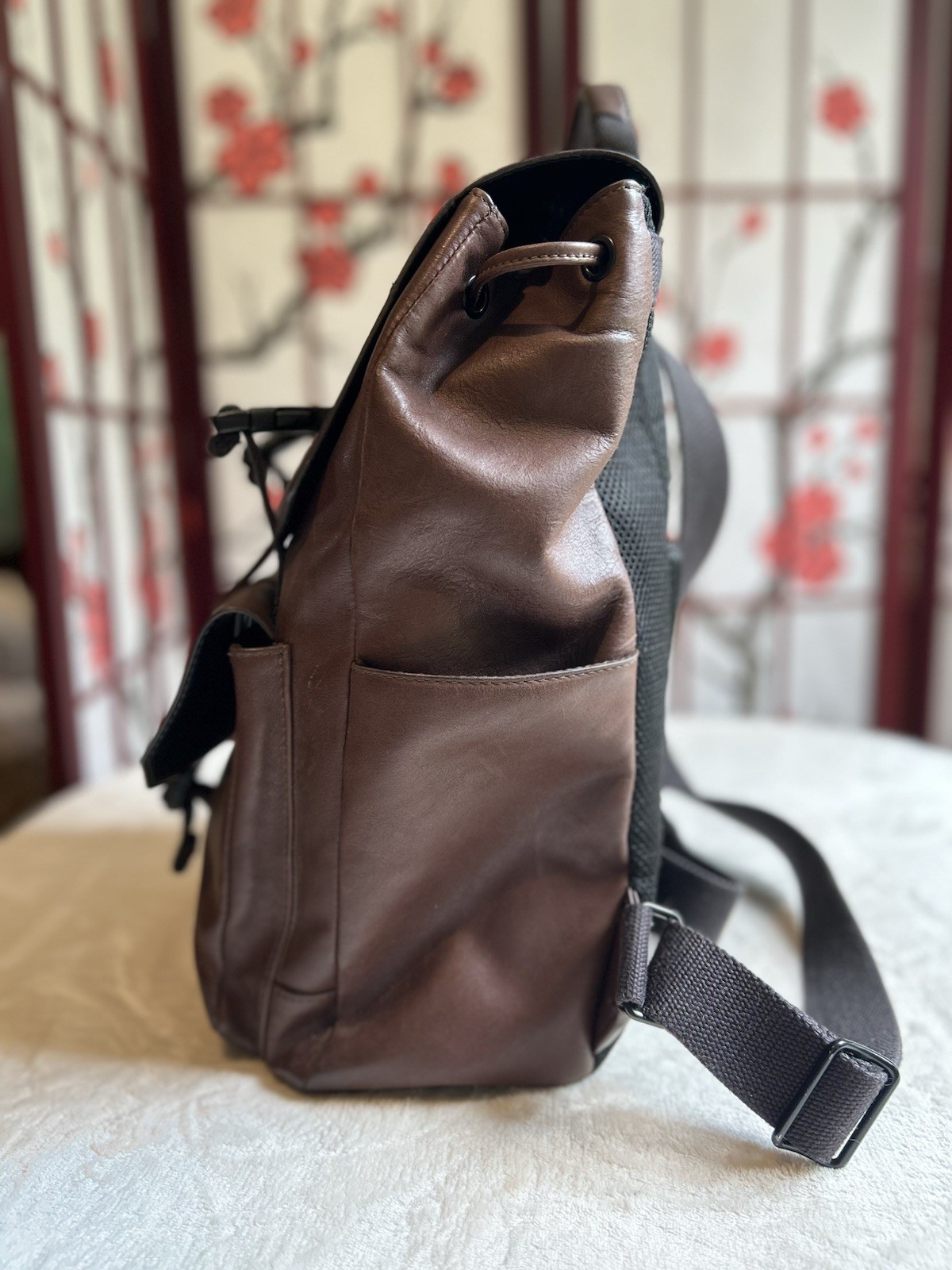 Fossil Brown Backpack Drawstring Flap Buckle Top Handle Outer Pockets Laptop