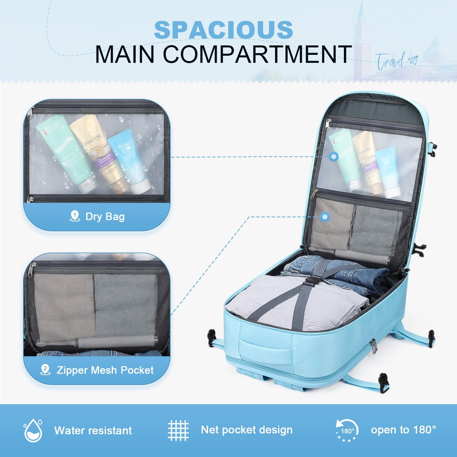 35L Large Upgrade Blue Waterproof Travel Backpack Crossbody Shoe Pocket