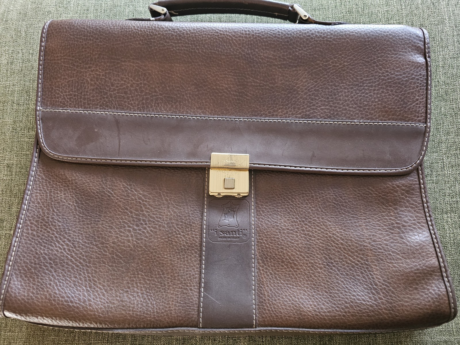I santi ITALIAN PEBBLED LEATHER BRIEFCASE, GOLD HARDWARE