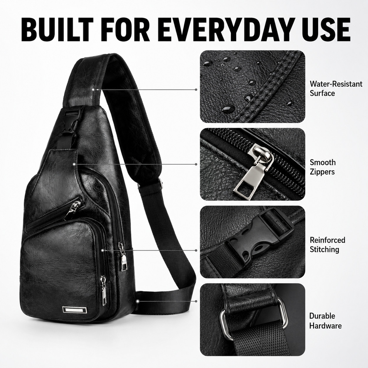 Black Chest Crossbody Bag Sling Backpack for Men with USB Charge Port Hole