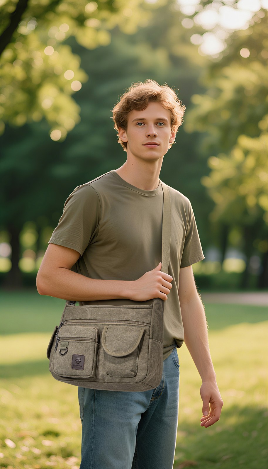 Men Vintage Canvas Crossbody Bag Multi Pocket Messenger Shoulder Bag Work Travel