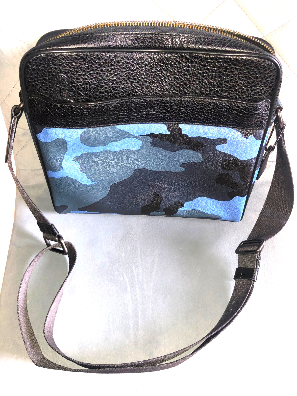 Coach Charles Camo Dusk Blue Pebble Leather Camera Crossbody Bag F29052