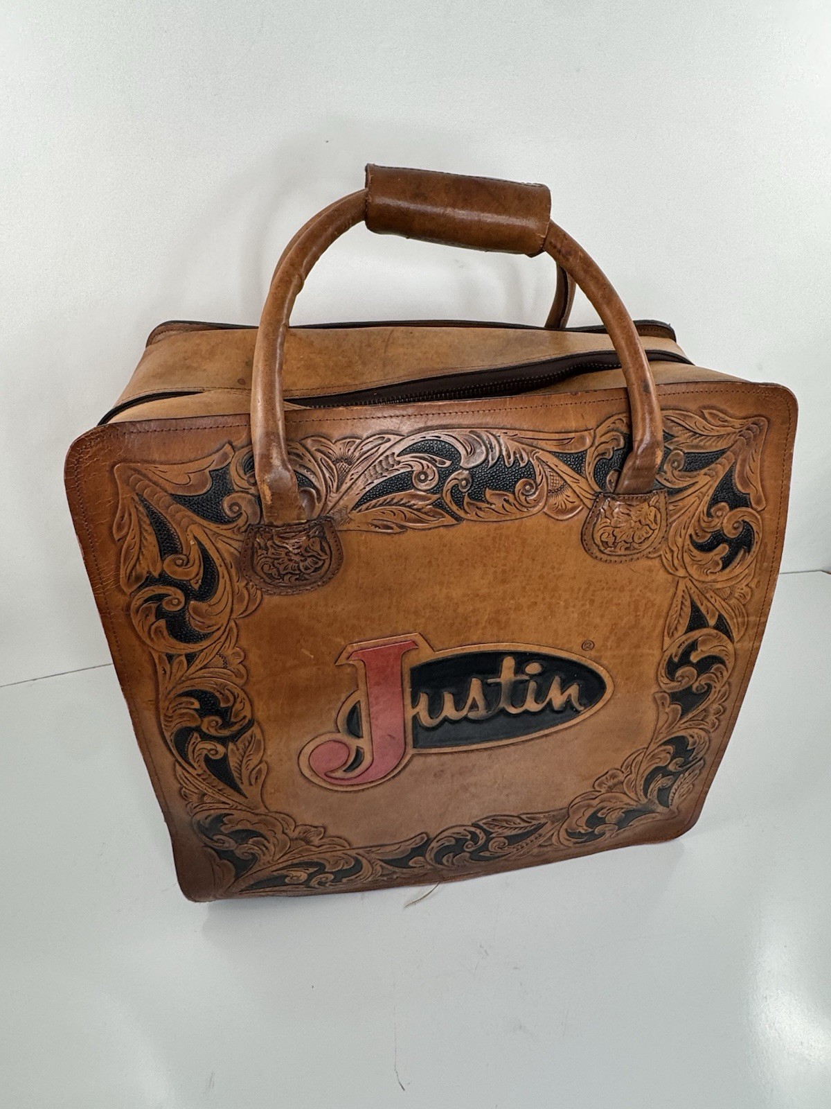 JUSTIN Boots – LEATHER Tooled VERY LARGE Hat Western Luggage Travel Bag