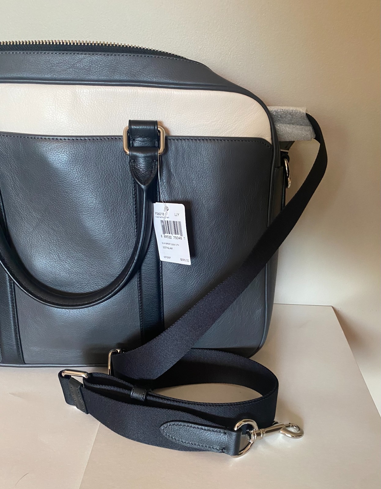 Coach Men’s Perry Slim Briefcase in Graphite and Black Leather F56018, NWTs