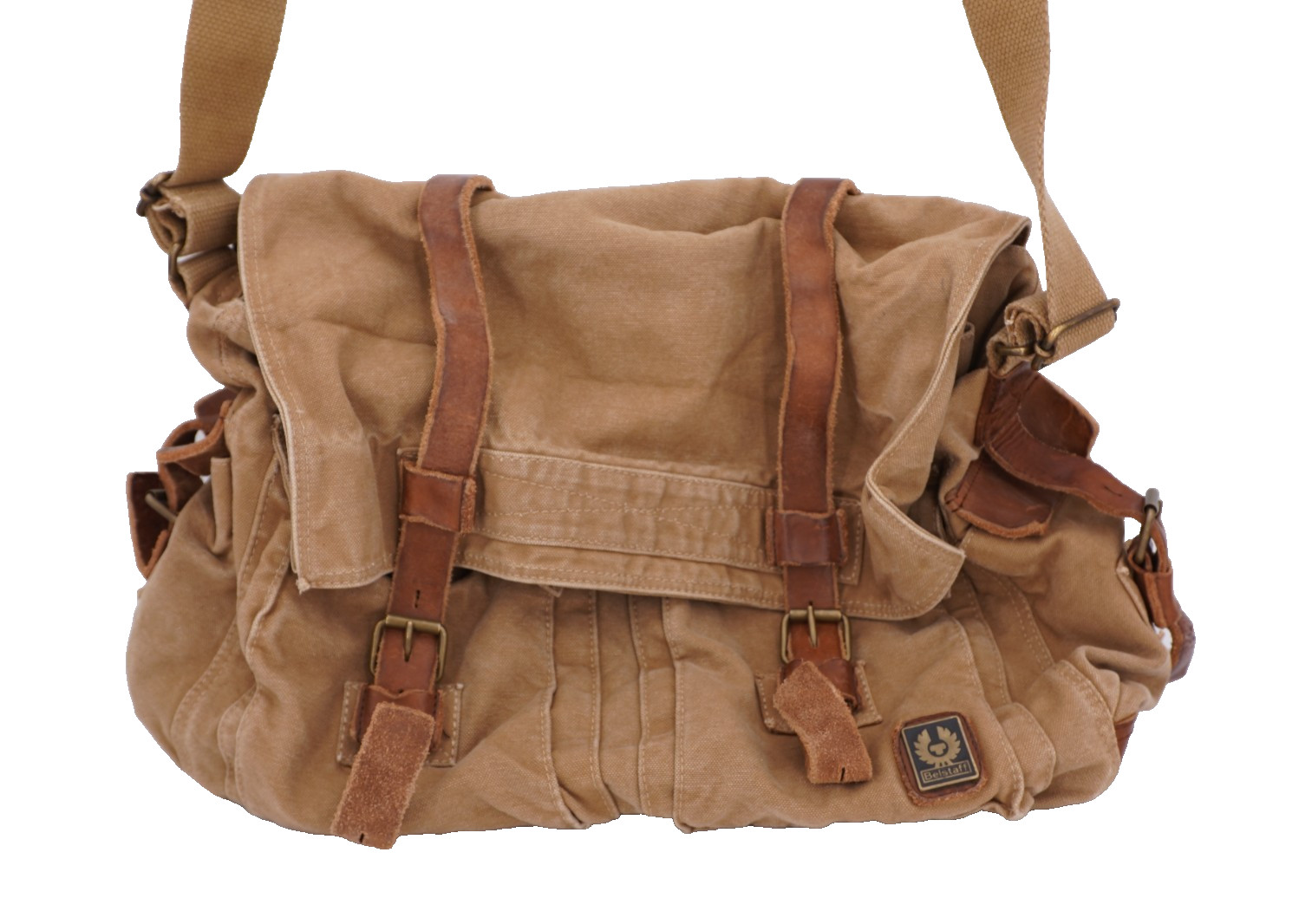$845 | BELSTAFF COLONIAL COTTON TWILL LEATHER MESSENGER SATCHEL MOUNTAIN TAN
