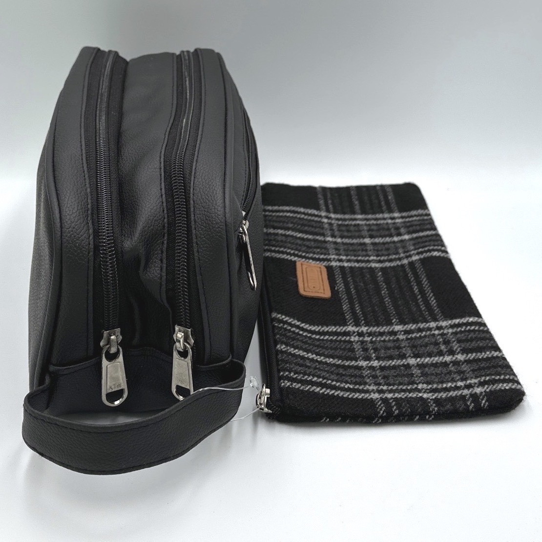 Jet Set Black Faux Leather Dopp Kit & Plaid Zipper Pouch Travel Toiletry Set NEW