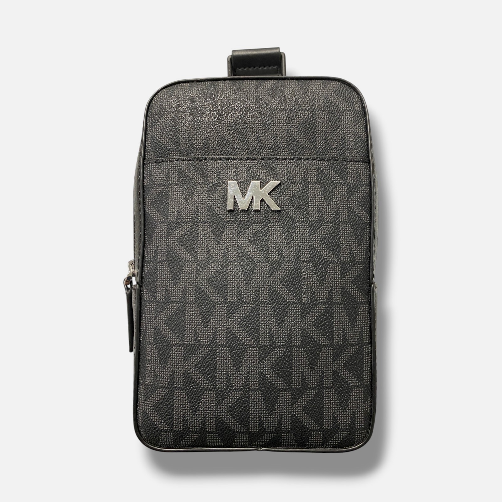 Michael Michael Kors Men’s Black Leather Silvertone Logo Canvas Sling Pack Bag