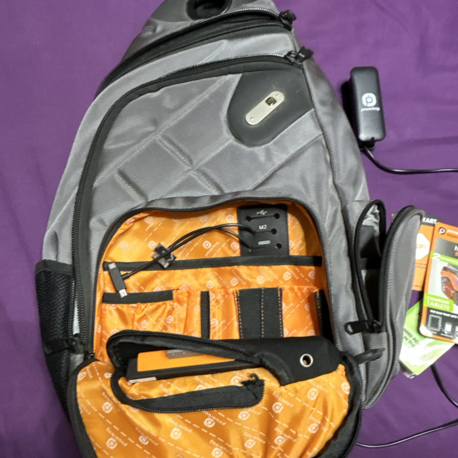 Powerbag Gray Sling Backpack Crossbody w/ Powerbank, Zip Pockets Travel