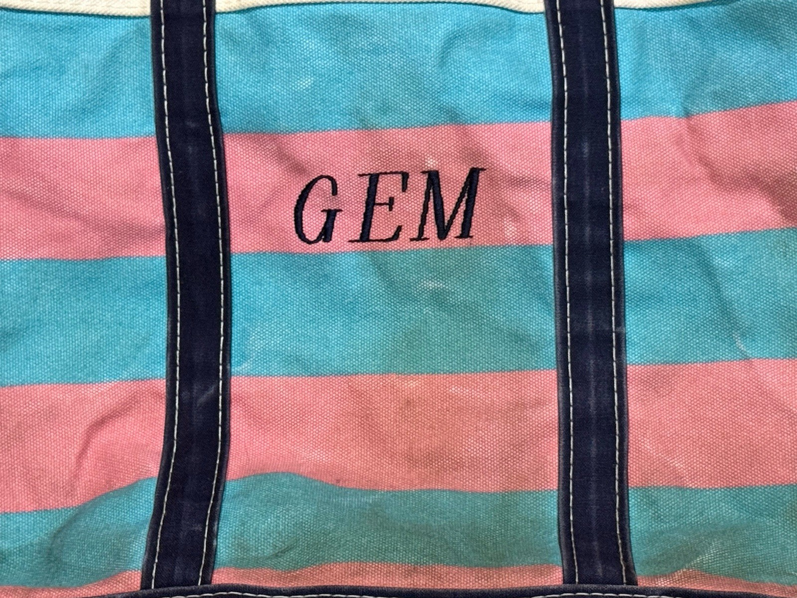 VTG 80s LL Bean Boat & Tote Bag USA Canvas Blue Pink Embroidered Gem Distressed