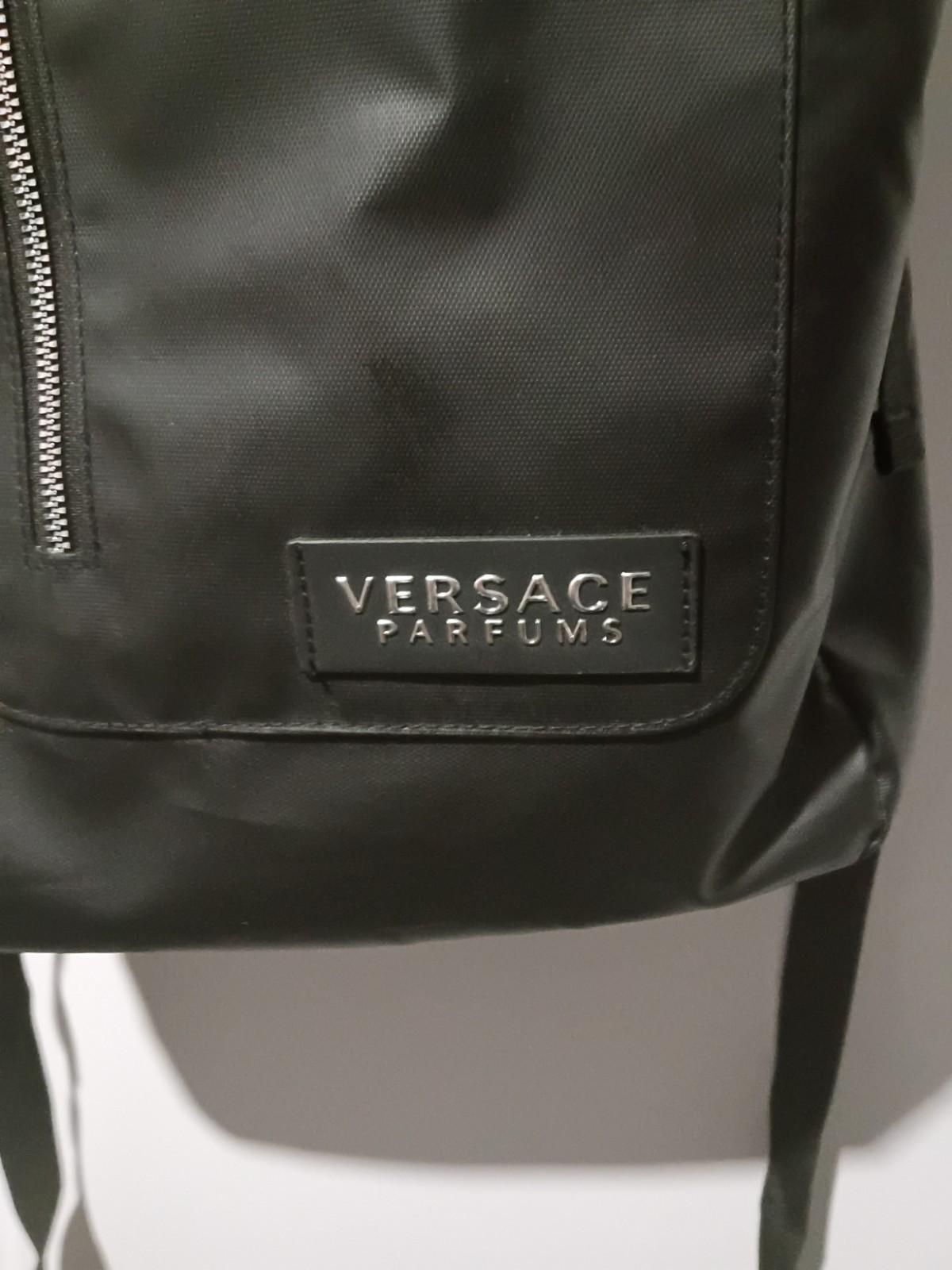 Versace Parfums Men’s Black/Blue Greek Key Zip Backpack, Adjustable Strap
