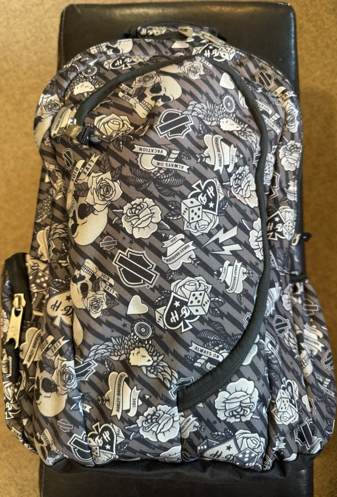 Harley-Davidson Skull Pattern Backpack, Black Adjustable Strap Organizer EUC