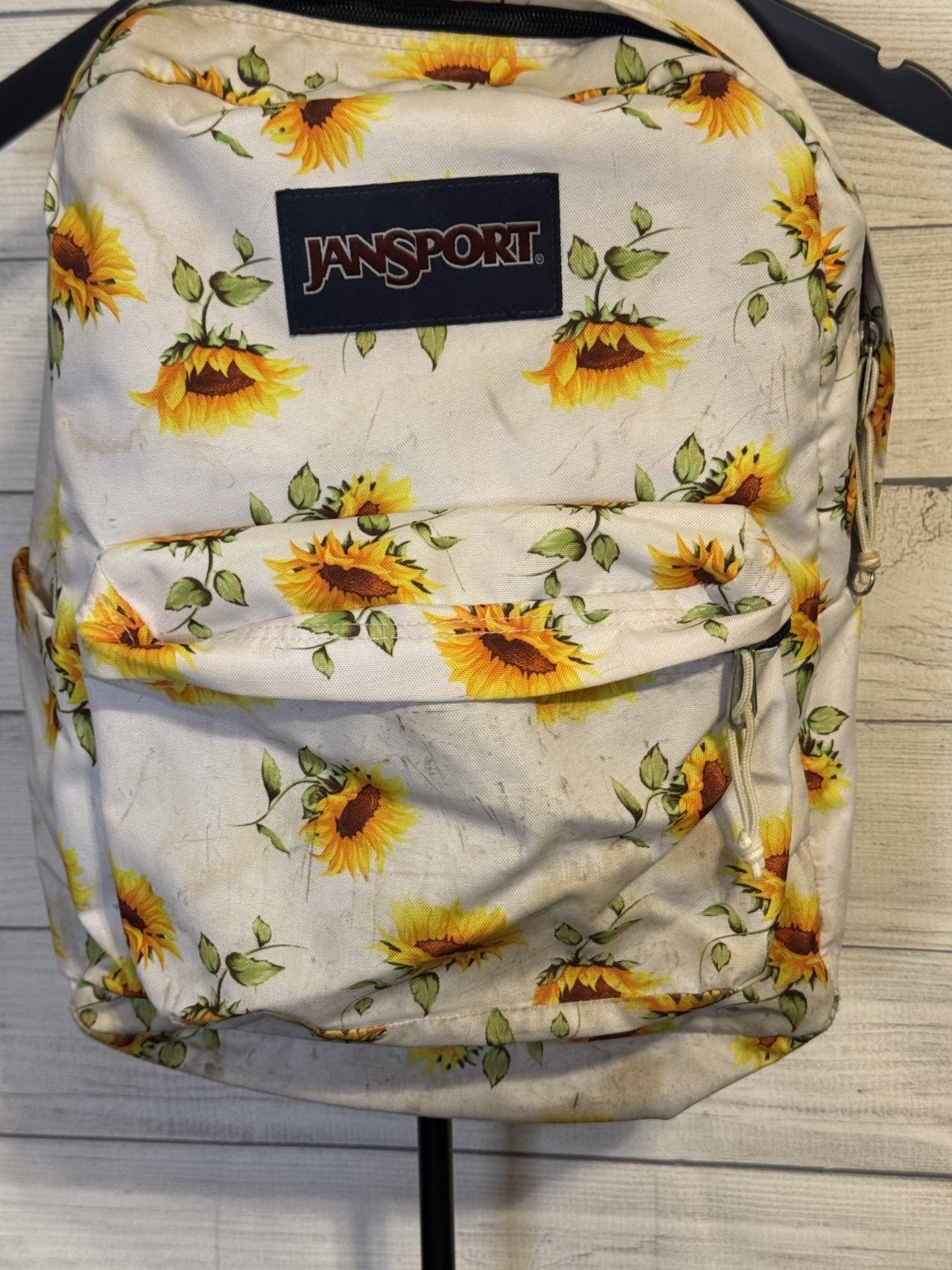 JanSport Daisy Floral Print Backpack Cream White with Yellow Daisy 18” Classic
