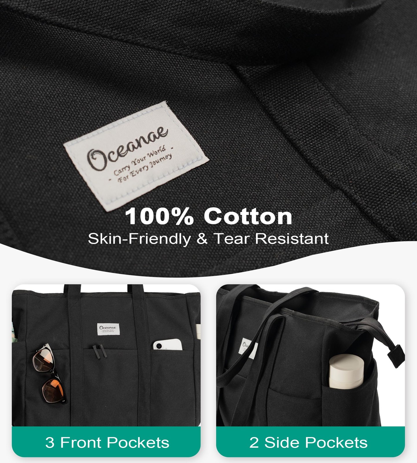 Oceanae Extra Large Canvas Tote with Zipper for Women X-Large, Matte Black