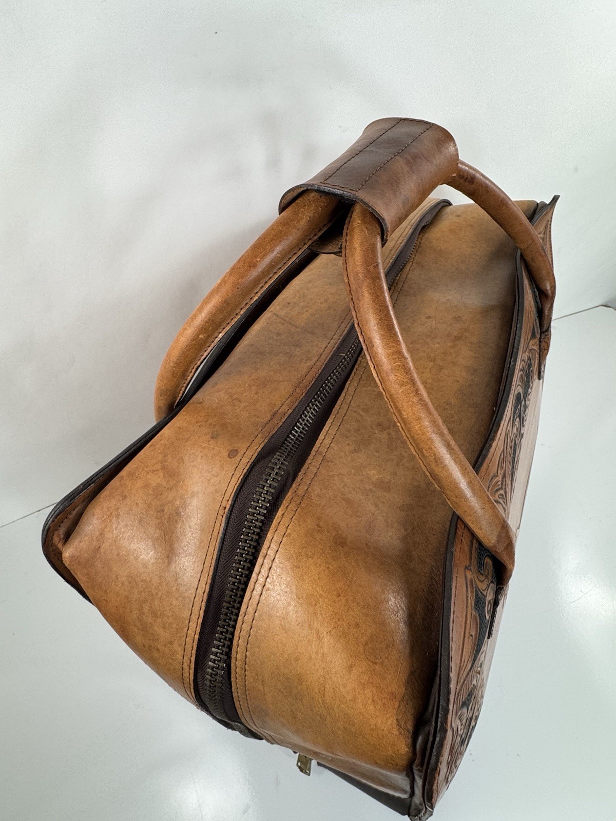 JUSTIN Boots – LEATHER Tooled VERY LARGE Hat Western Luggage Travel Bag