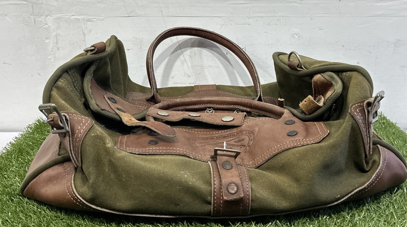 VNTG Orvis Duffle Bag Canvas Leather Green Brown Travel Weekender Luggage Large