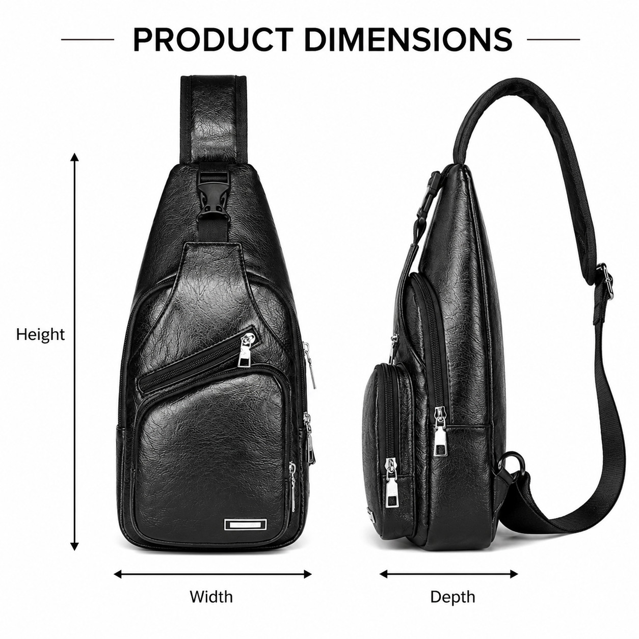 Men’s Black Faux Leather Sling Backpack USB Port Water Resistant Crossbody Bag