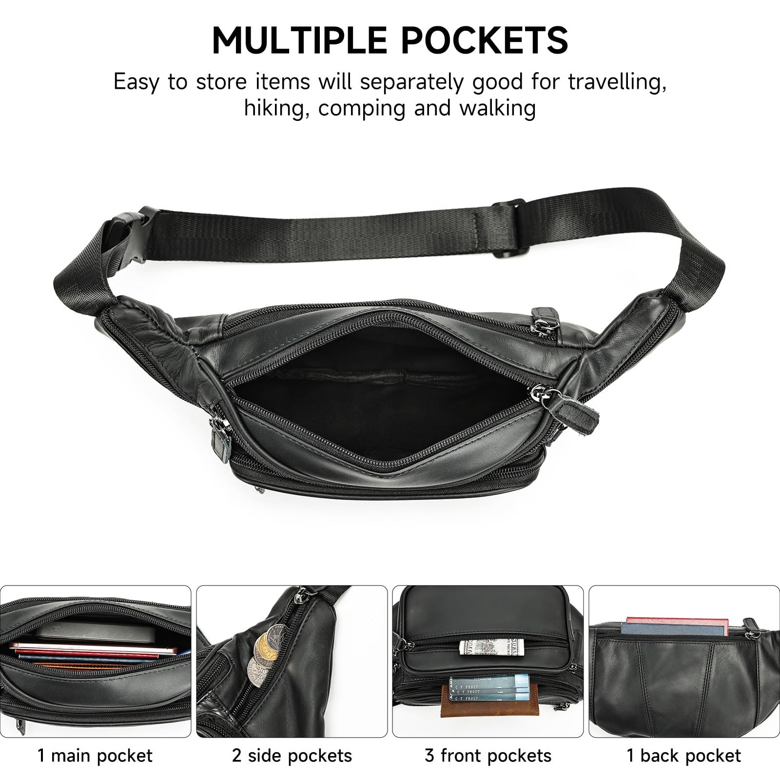 Genuine Leather Fanny Pack Men Women MultiPockets Sling Waist Bag Black