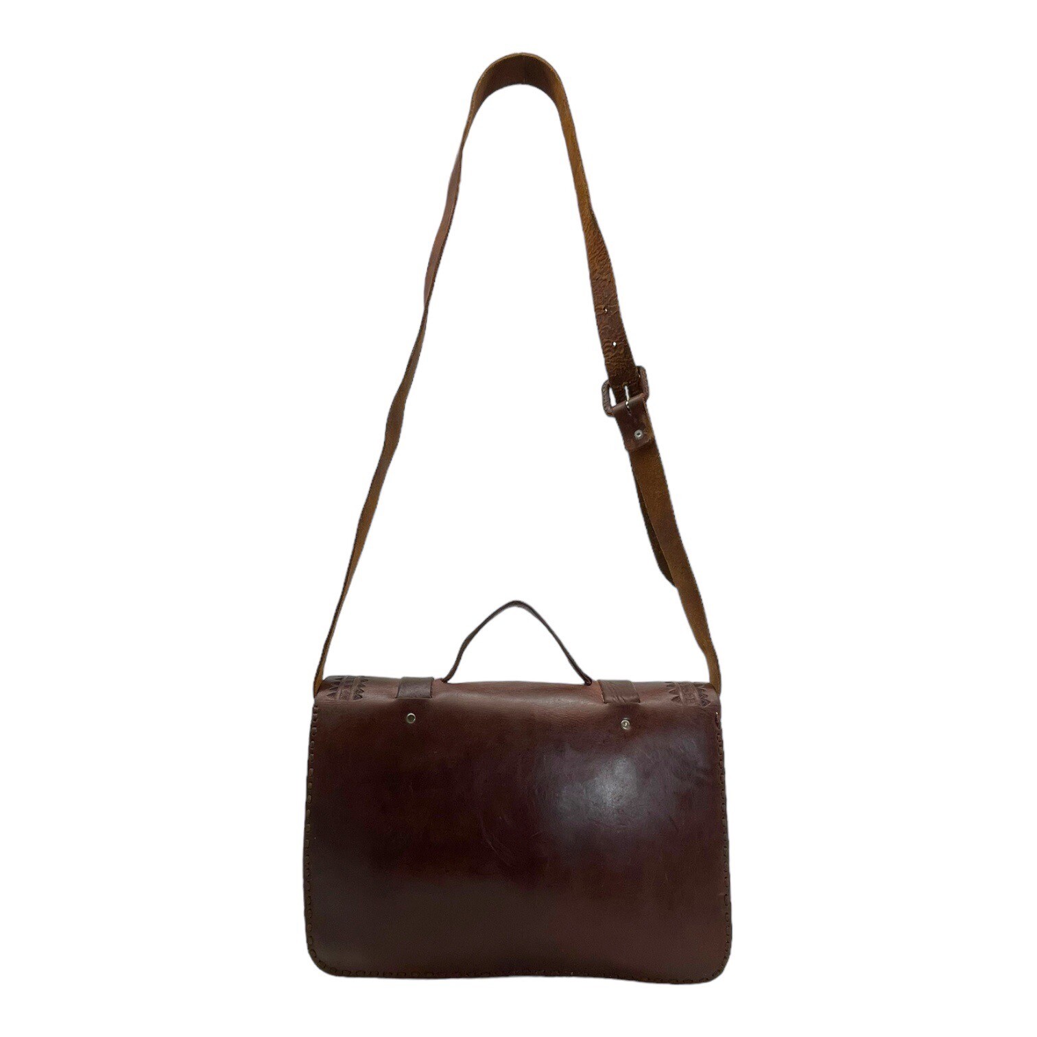 Vintage 70s Large Handmade Tooled Leather Messenger Bag Crossbody Laptop Travel
