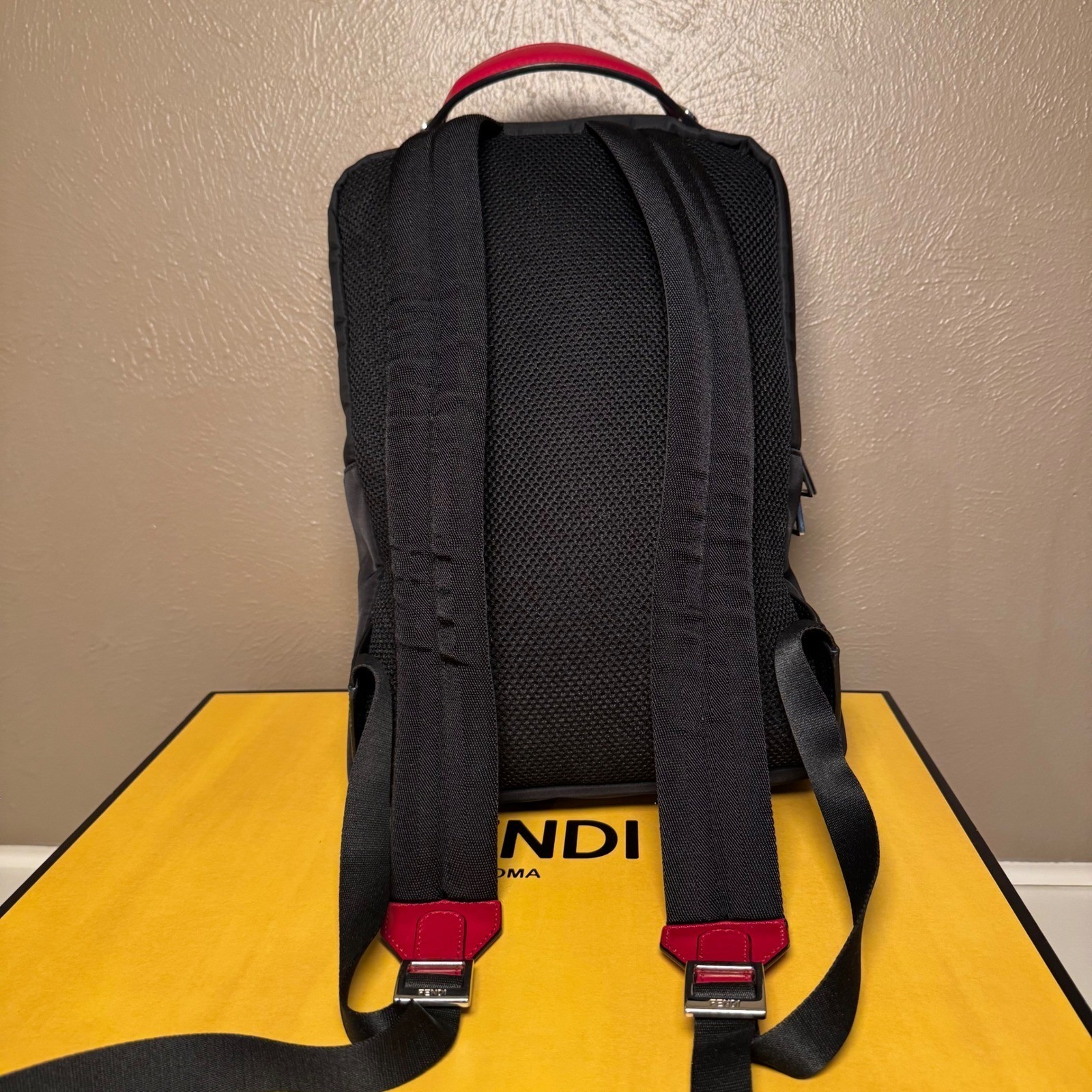 Fendi Black Zucca Monogram Knit Backpack Red Leather Trim 7VZ044 Made in Italy