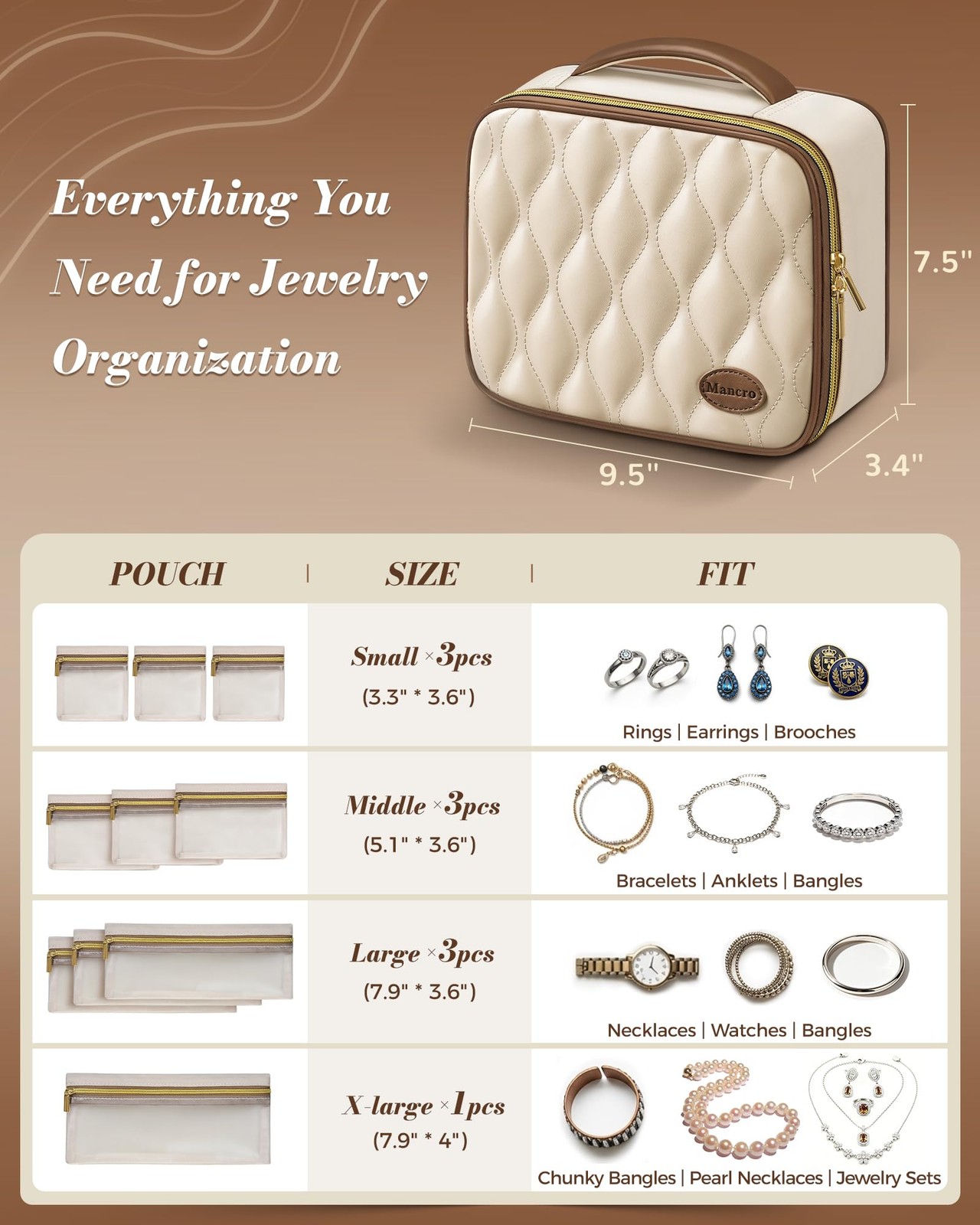 Mancro Travel Jewelry Case Organizer for Women 24.13 x 19.05 x 8.64 cm, Beige