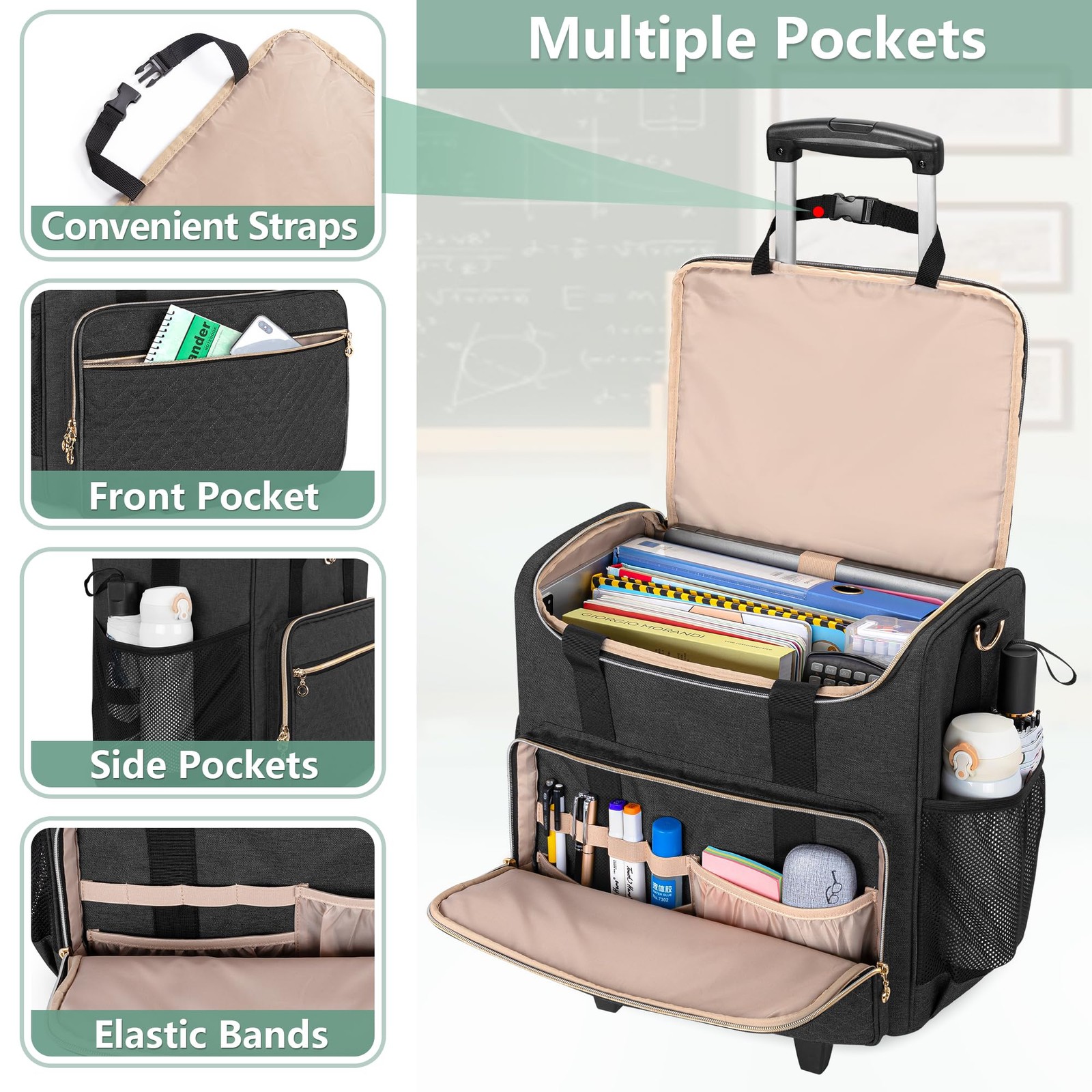 Rolling Teacher Bag with Laptop Compartment and Detachable Dolly, Multifuncti…