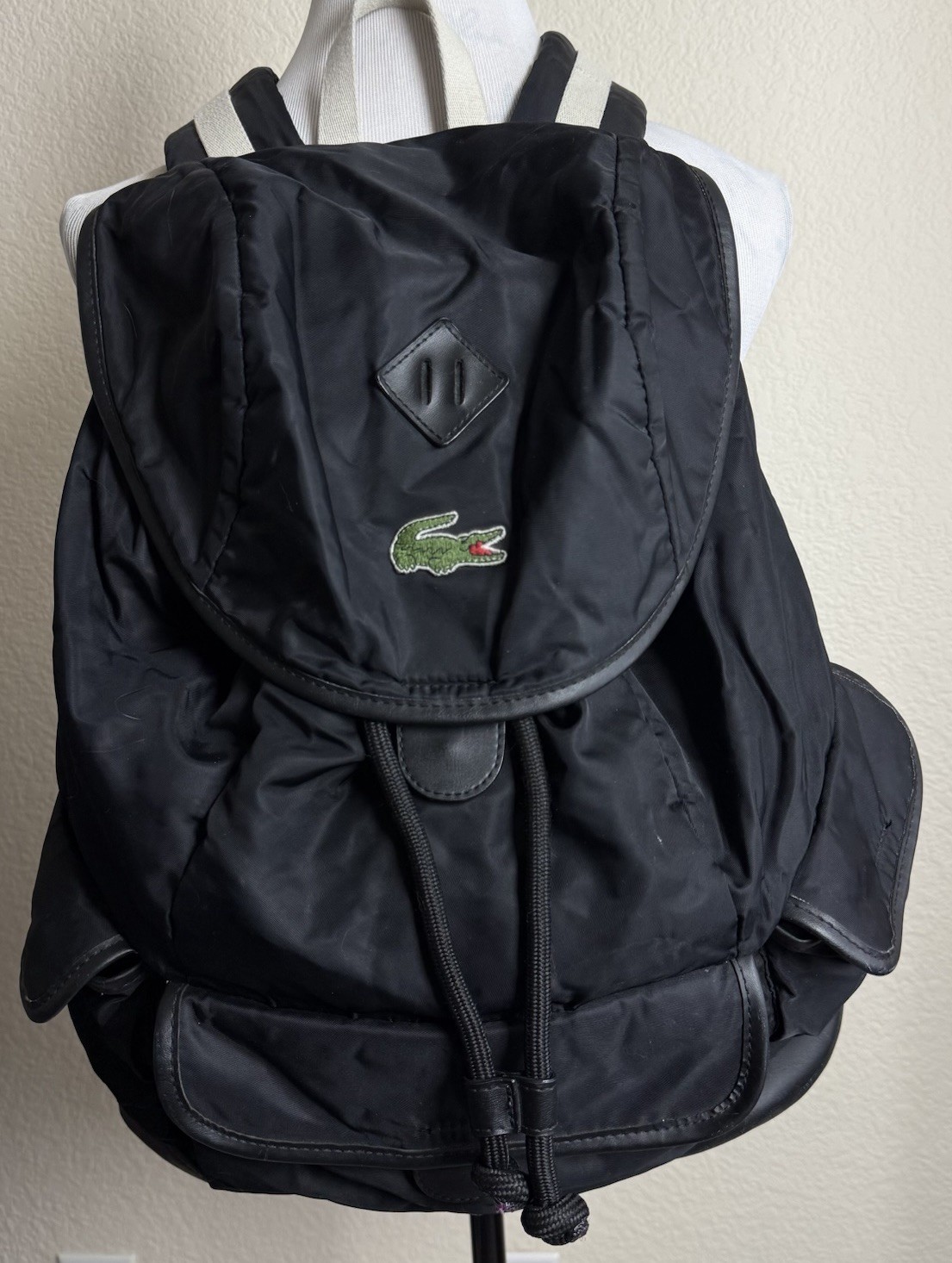 Lacoste Backpack Large Black Nylon Drawstring Rucksack Vintage READ