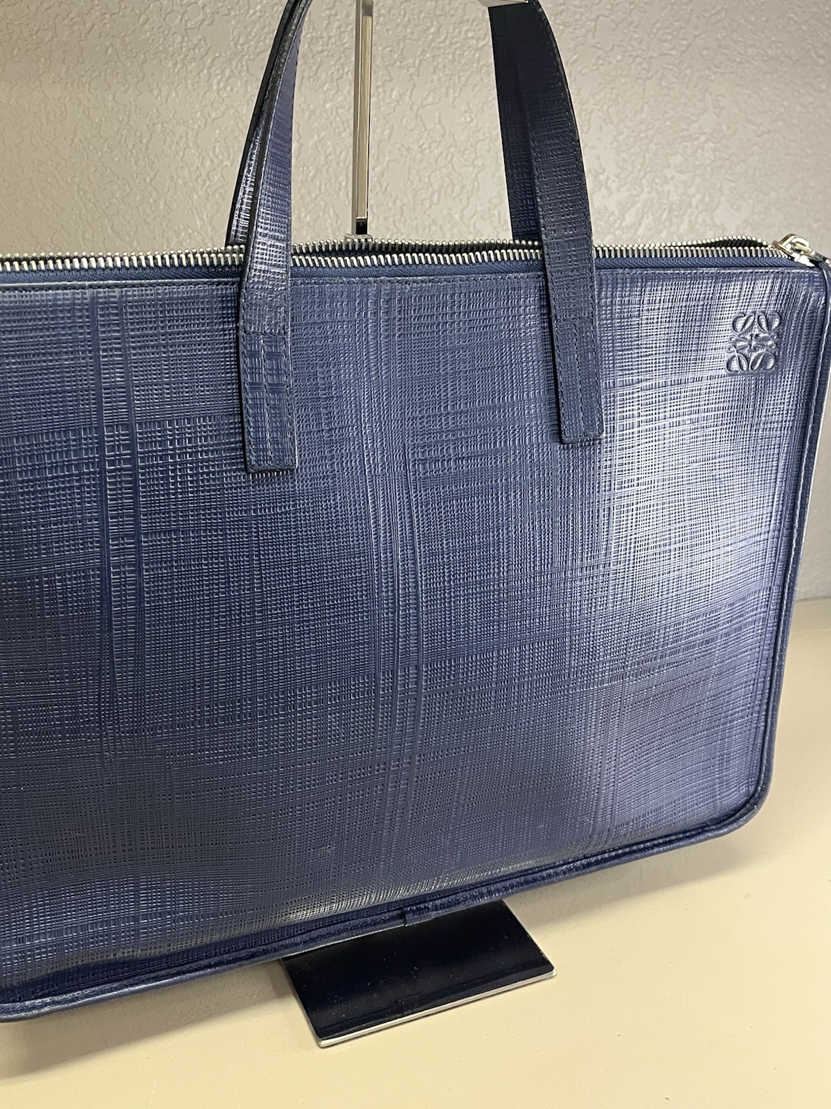 LOEWE Business Bag Linen Leather Briefcase Navy Blue