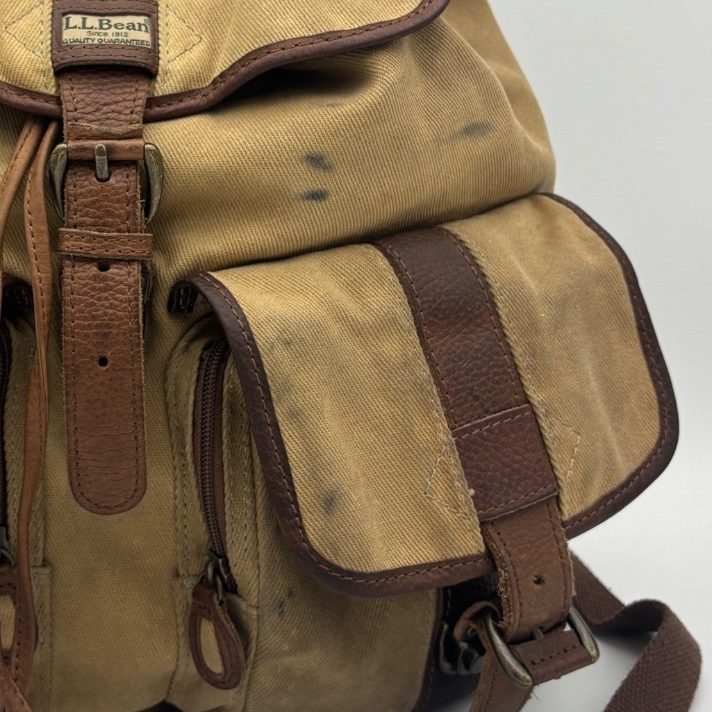 VINTAGE L.L. BEAN Rucksack Backpack Brown Canvas Leather Hiking RARE Utility Bag