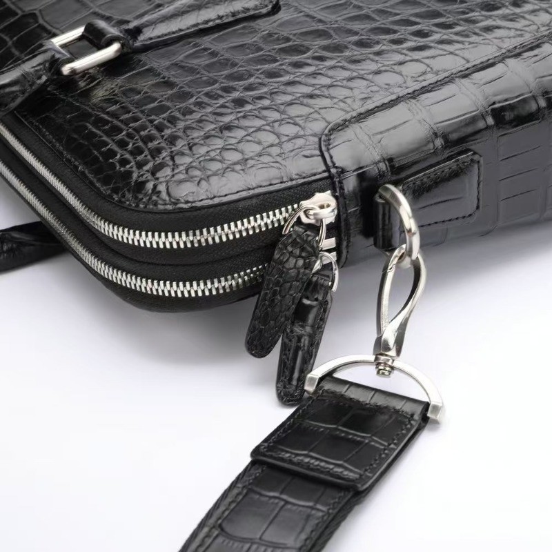 Handcrafted Genuine Croco Belly Skin Black Handbag, Men Crossbody Shoulder Bag