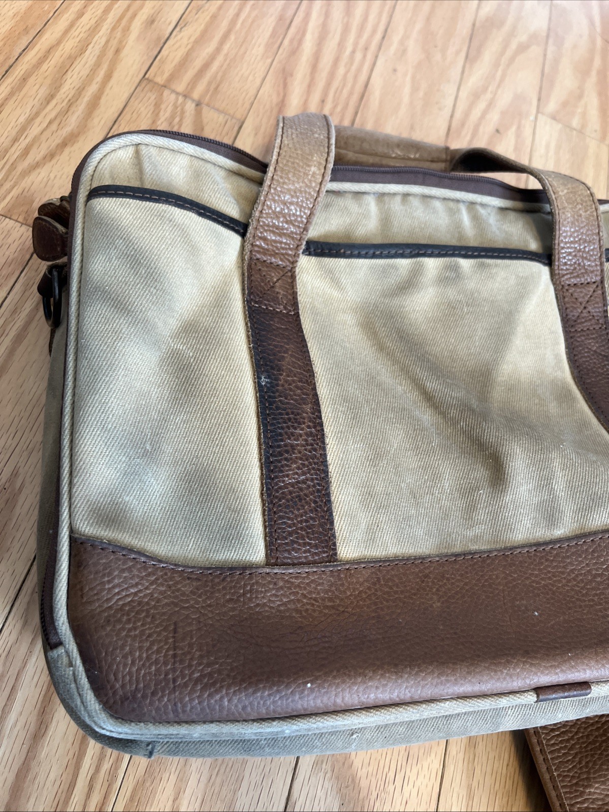 LL Bean Canvas Messenger Crossbody Bag Push Lock Leather Trim Tan Brown