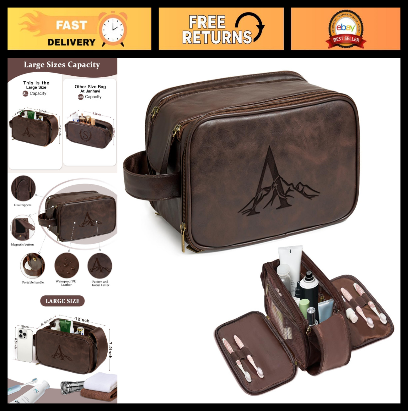 Waterproof Travel Toiletry Bag for Men, Personalized Leather Dopp Kit, Groomsmen