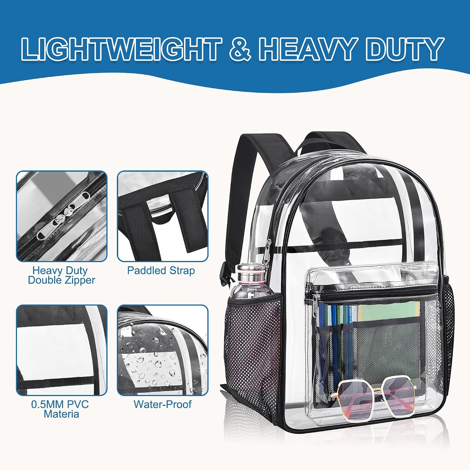 Clear Backpack Heavy Duty PVC Transparent Backpack with Reinforced Strap See thr