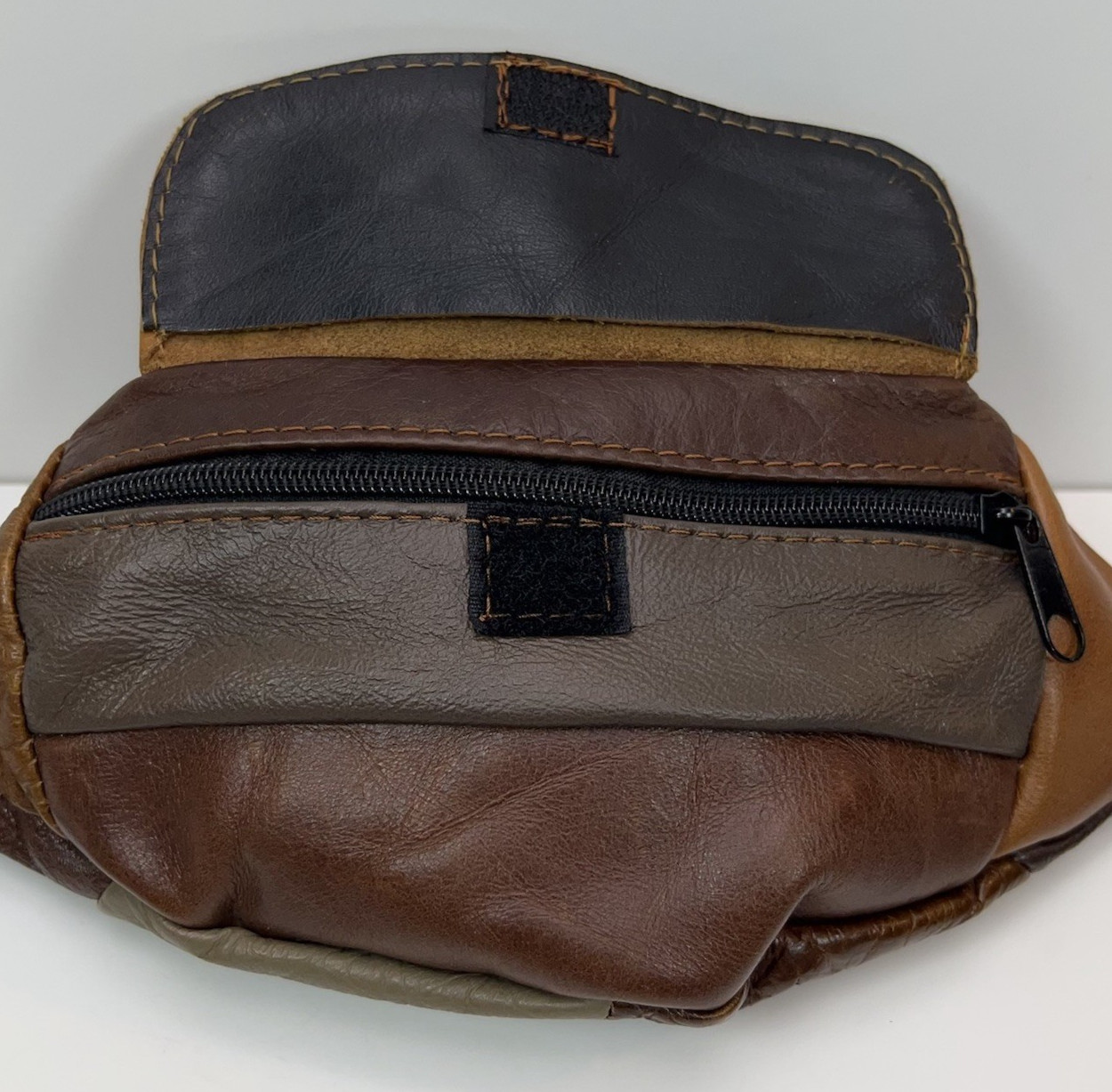 Vtg LEATHER Fanny Pack 90s Suede Patchwork Brown Waist Bag Straps Multi Pockets