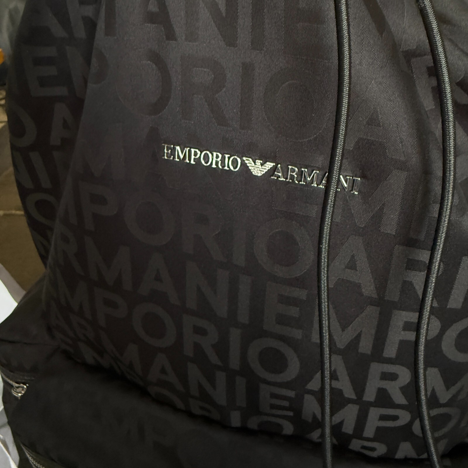 New Emporio Armani Black Nylon oversized Drawstring Logo Backpack