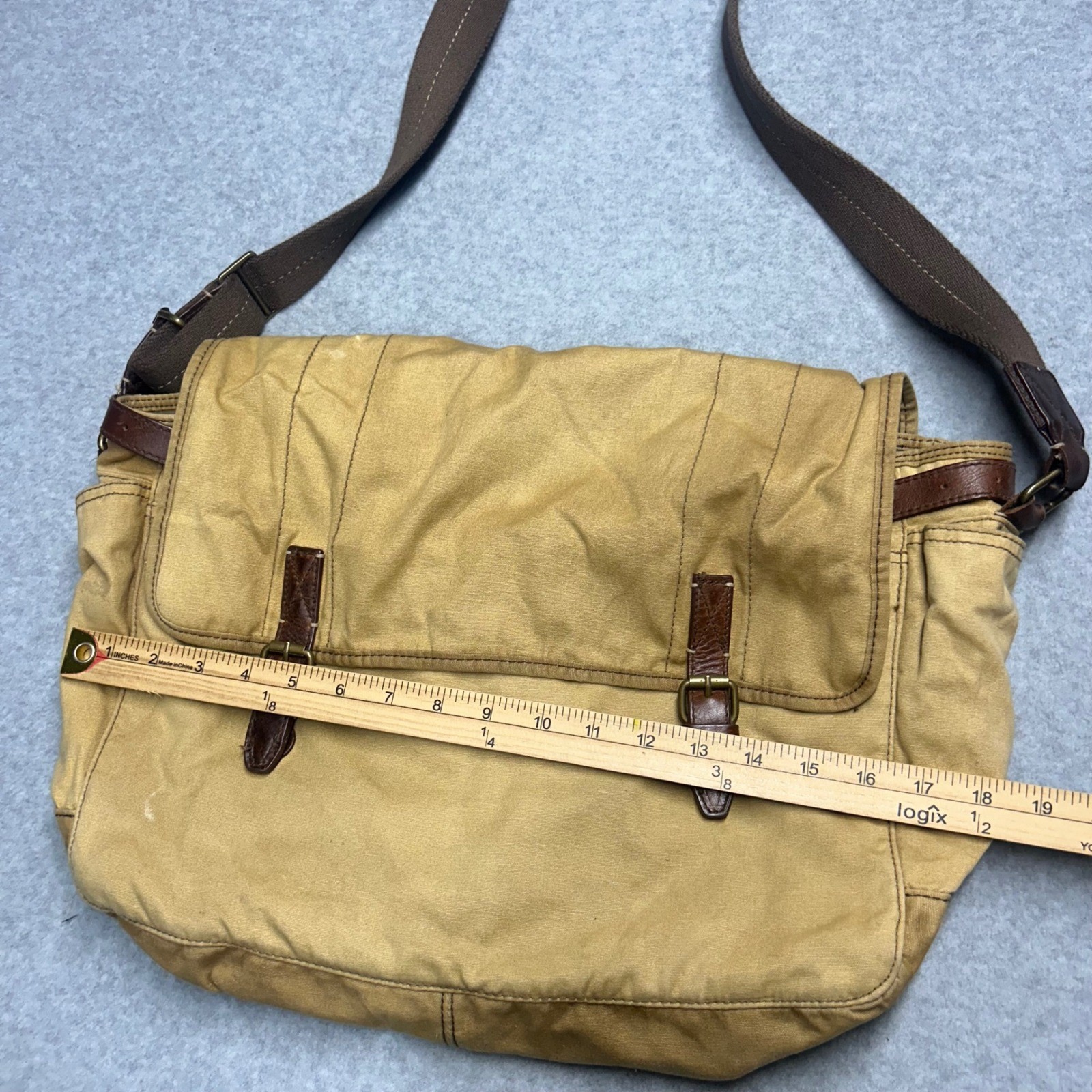 J.Crew Messenger Bag Tan Men OS Canvas Leather Trim Satchel Work Travel