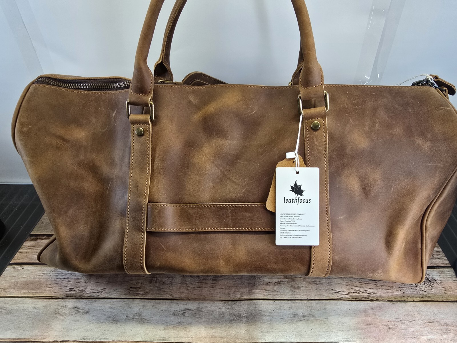 Leathfocus Leather Travel Luggage Bag Mens Duffle Retro Carry on Handbag Brown