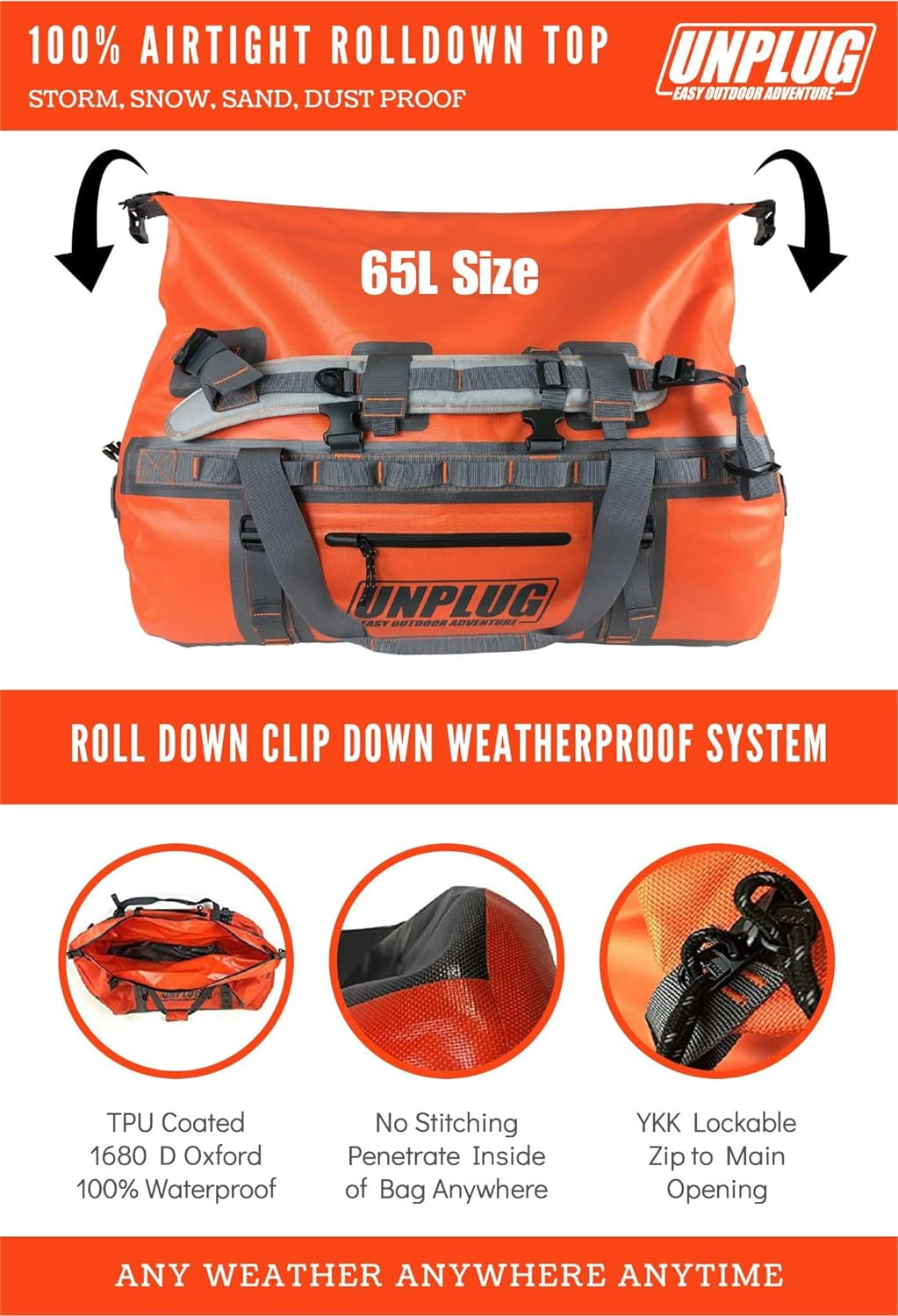 UNPLUG Ultimate Adventure 65L Waterproof Heavy Duty Travel Bag – Orange