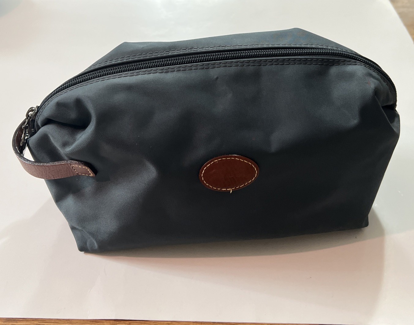 Longchamp Cosmetic Bag Nylon Grayish- Blue & Brown Leather Toiletry Travel Pouch