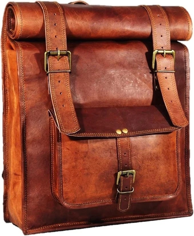 Genuine Goat Leather Roll Top Backpack Handmade Rugged Elegance Bag