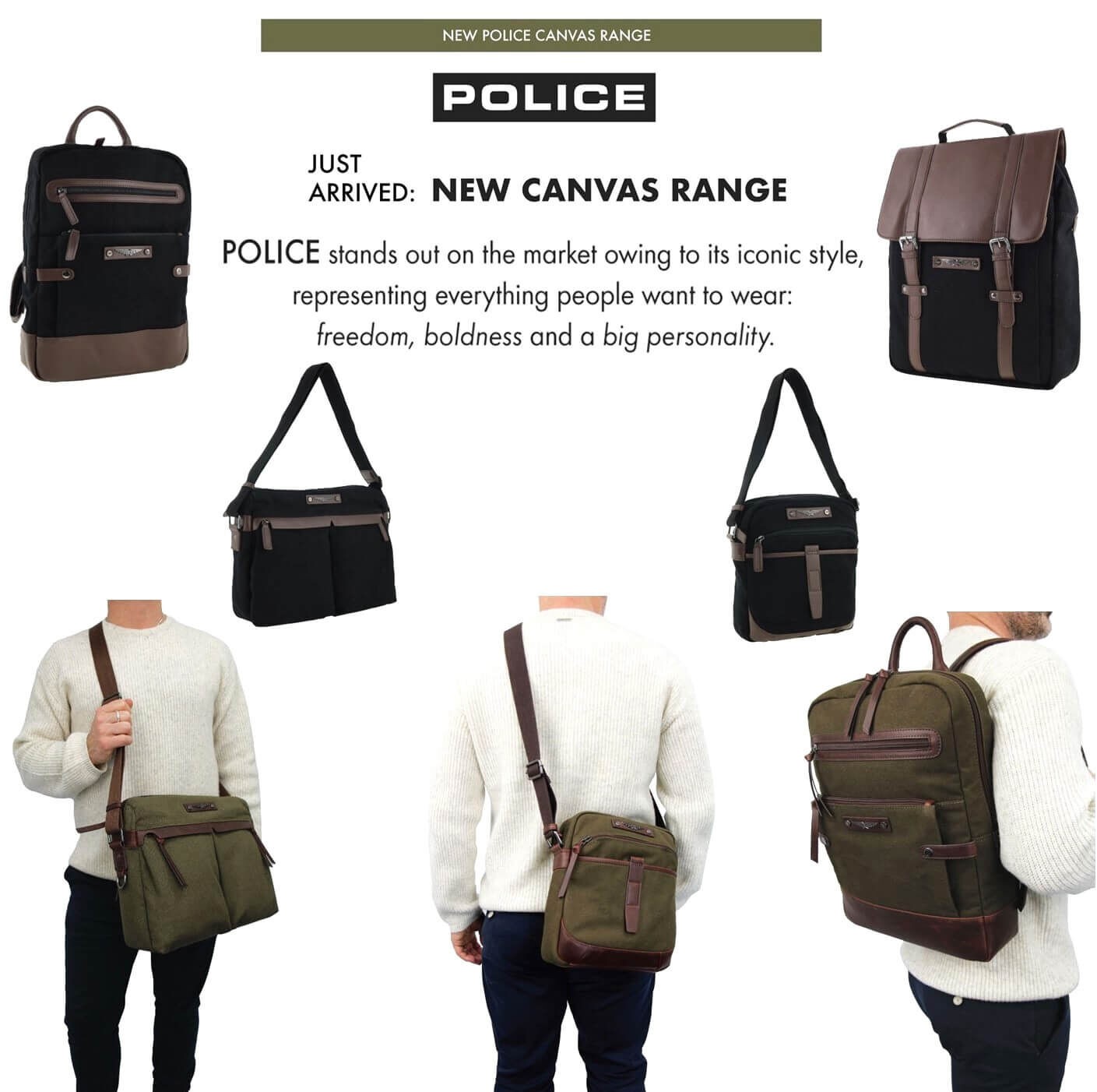 POLICE Wings Mens Canvas Backpack Bag with Laptop Computer Sleeve in Dark Olive