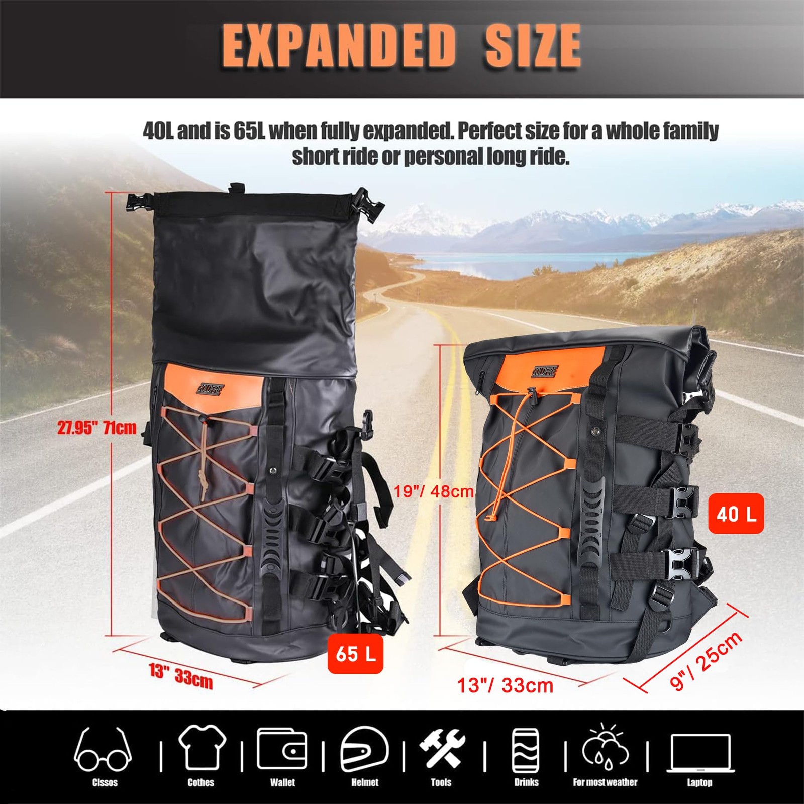 Expandable Motorcycle Travel Luggage Sissy Bar Bag Tail Bag Motorcycle Backpack: