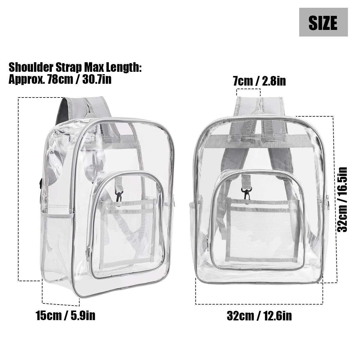 Extra Heavy Duty Clear Backpack Transparent Bookbag Back to School (Black, Grey)