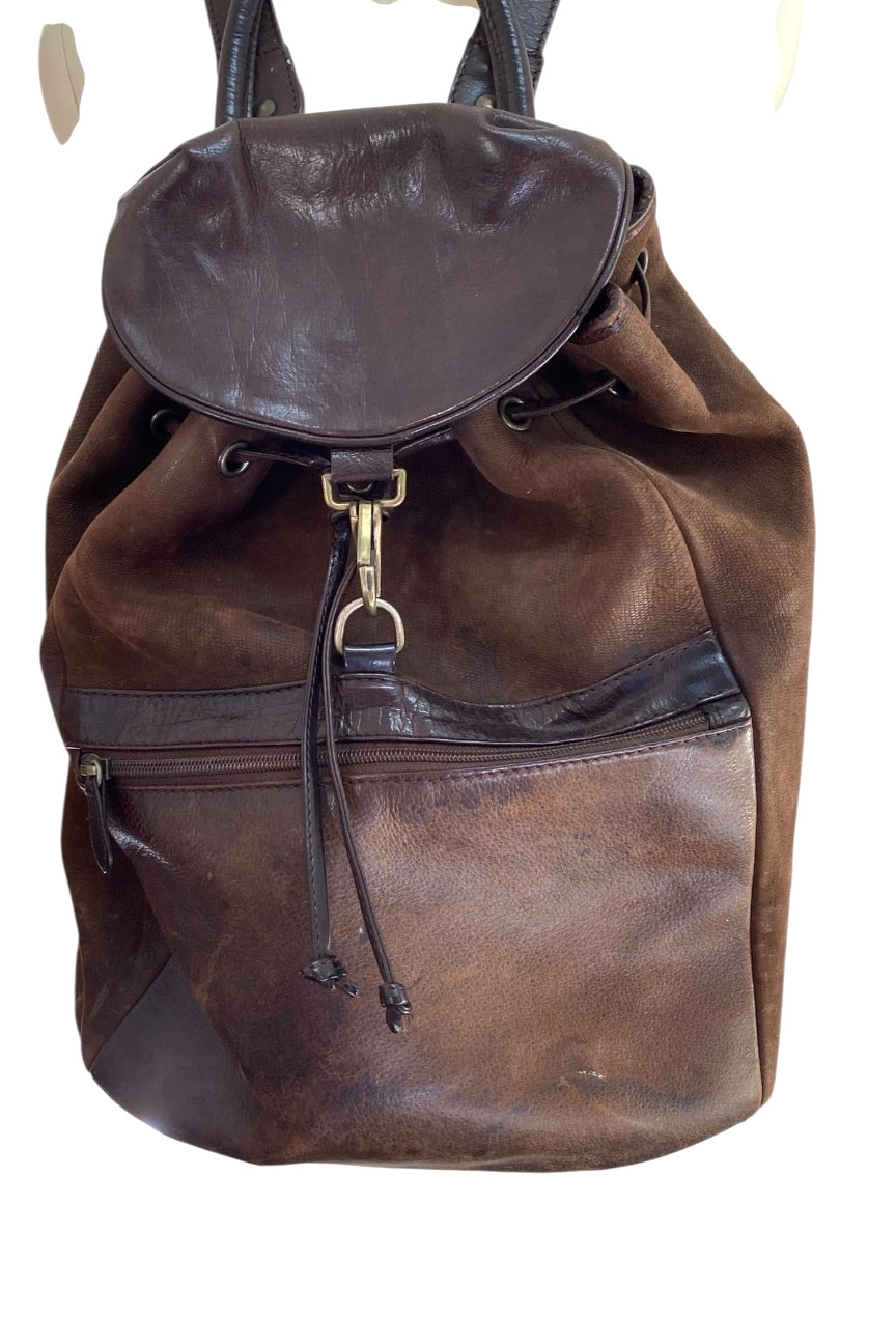 Unisex Leather Backpack Rugged Unisex Brown Vtg Classic Timeless Drawstring