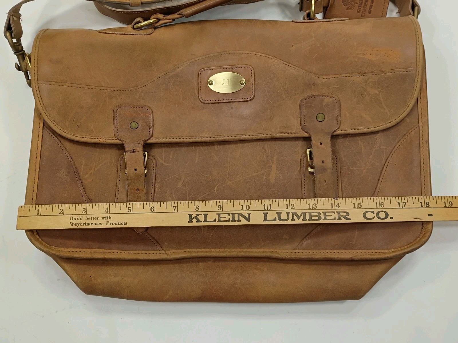 Gokey Co. Tan Heavy Saddle Leather Briefcase Green Canvas Brass Messenger Bag