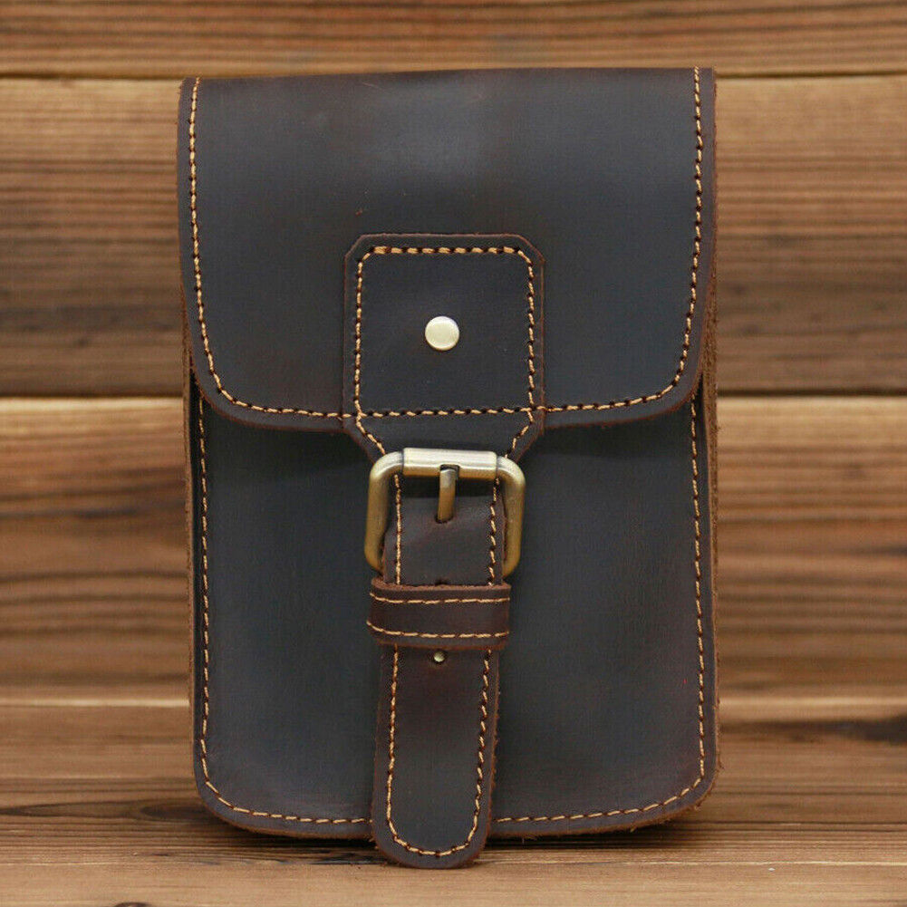 Men Crazy Horse Leather Small Waist Bag Pouch Hook Fanny Waist Belt Pack`