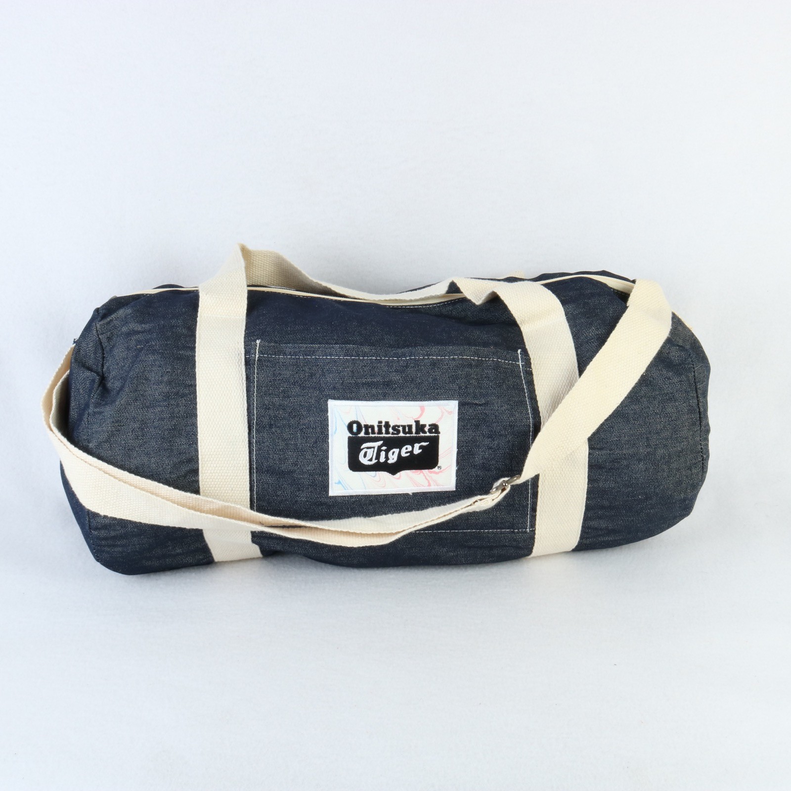 VTG ONITSUKA TIGER BLUE DENIM GYM BAG DUFFLE CROSSBODY STRAP AND HANDLES