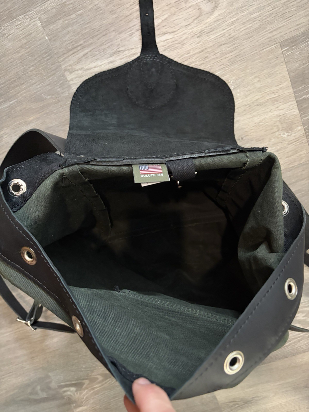 Duluth Pack Classic Rucksack, Waxed Olive Drab / Black Leather. DBS Corp Swag